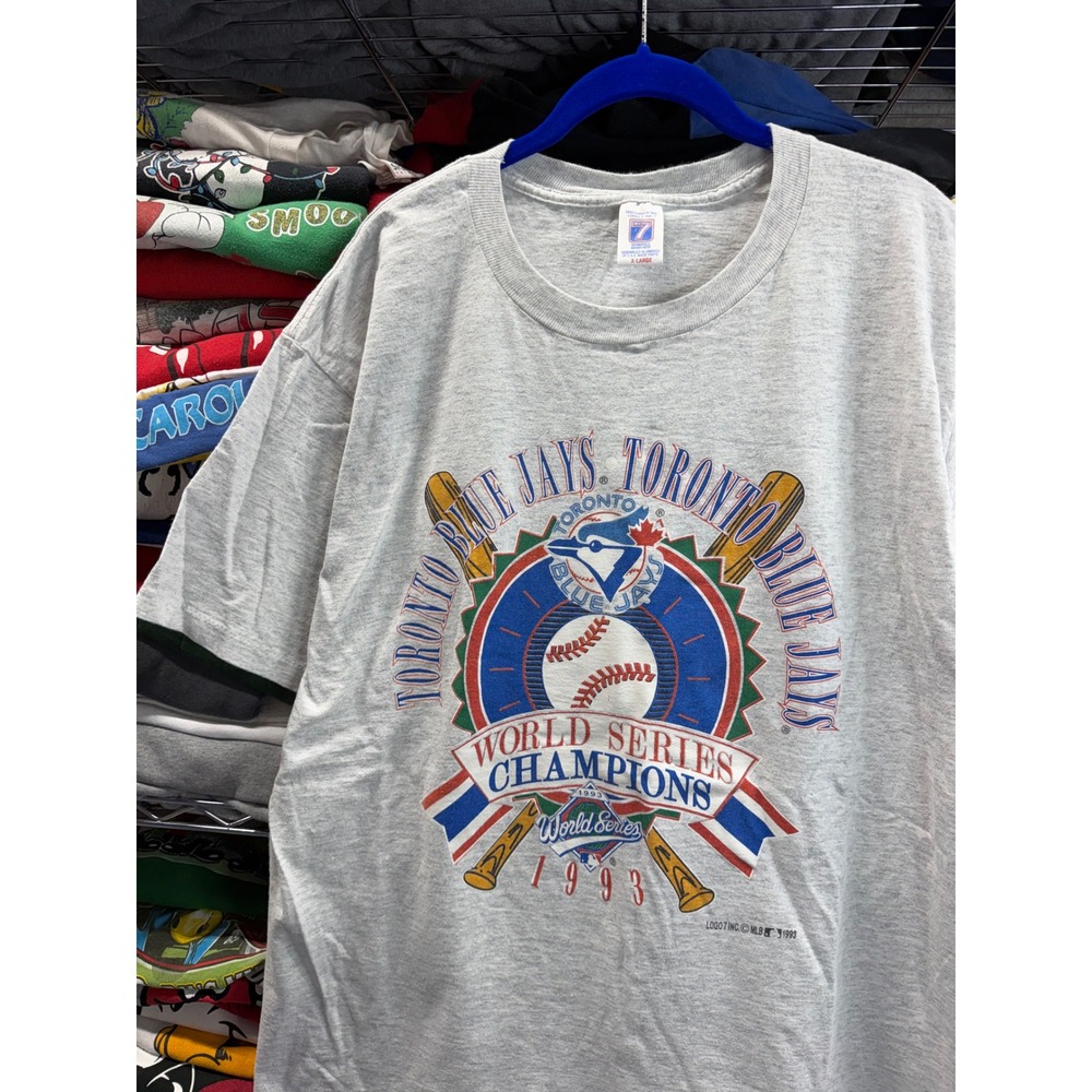 Vintage 1993 Toronto Blue Jays World Series Champions T-Shirt Logo 7 Grey XL